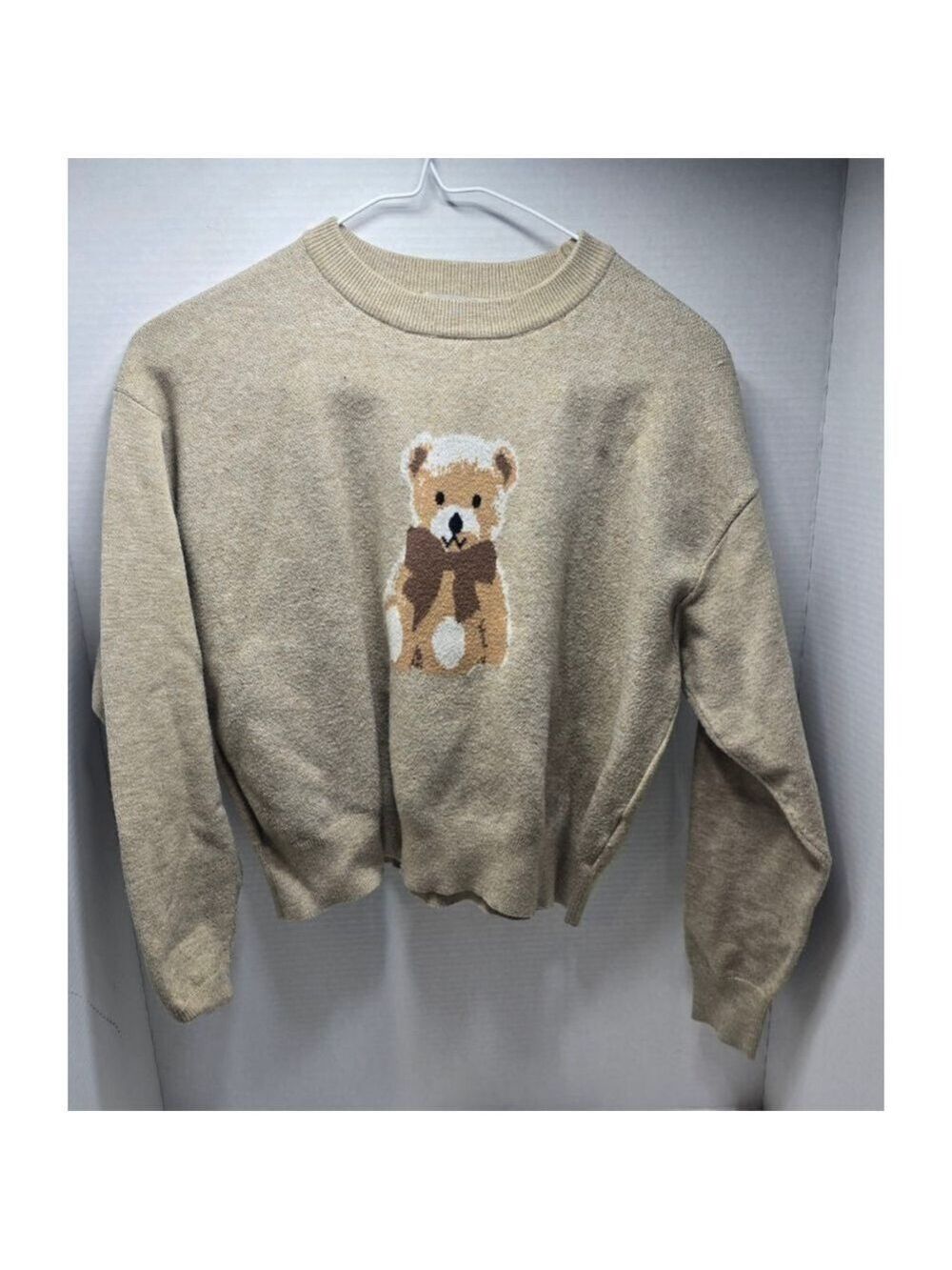 Kids Faded Rose Beige Teddy Bear Crew Neck Sweater S